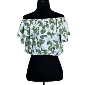 Paper Crane white green palms print off shoulder ruffled crop top size Large